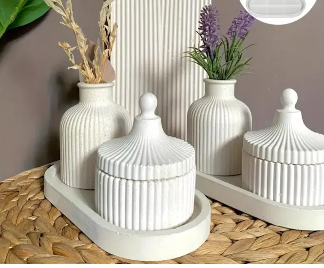 3’lü Dekoratif Set (Tepsi + Kapaklı Mumluk + Vazo)